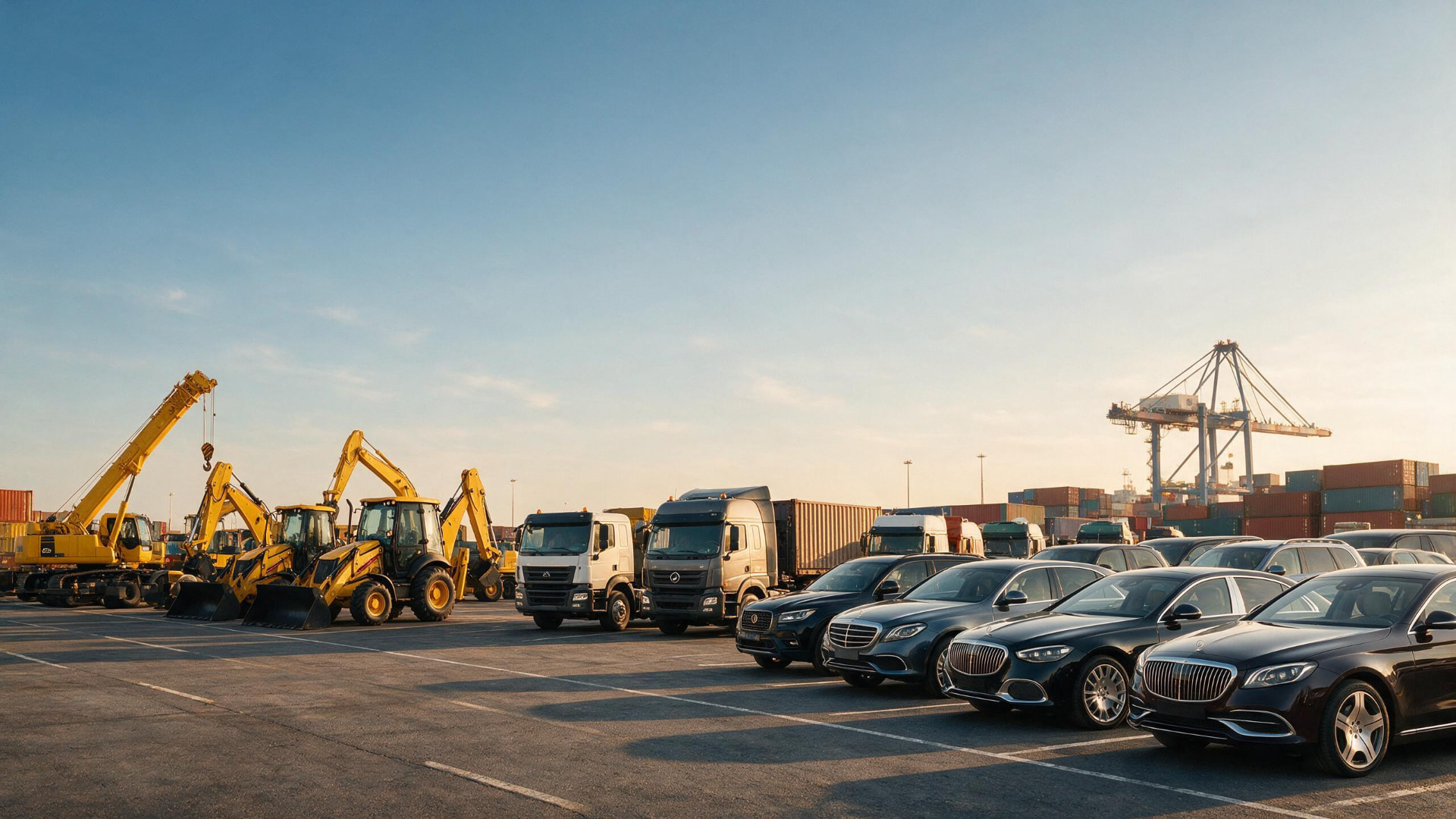 Cars, trucks and heavy equipment staged at port for TWINS HK export