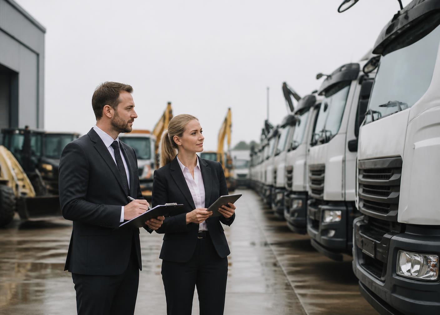 Two business buyers inspecting a line of pre-owned trucks and heavy equipment in a yard