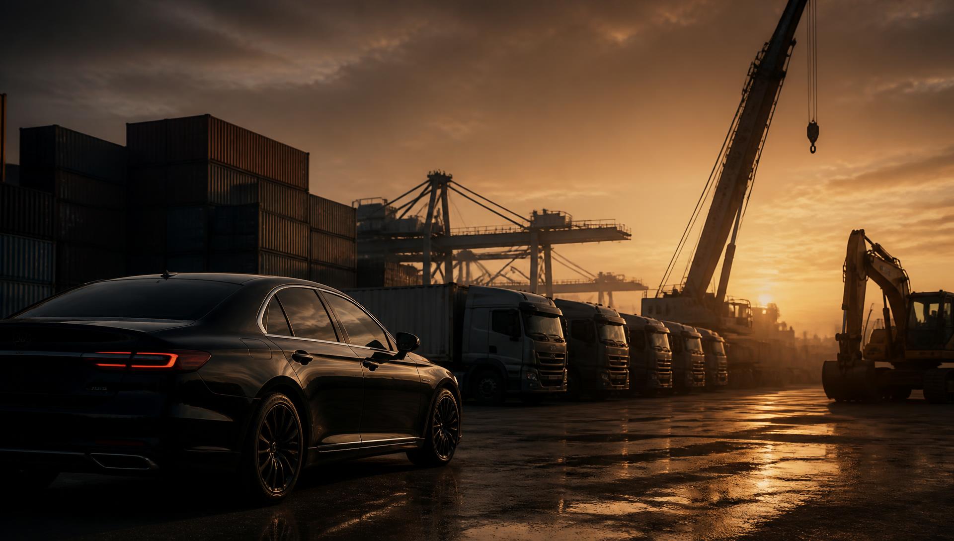 Luxury sedan, commercial trucks, a mobile crane and an excavator at an export terminal at dusk