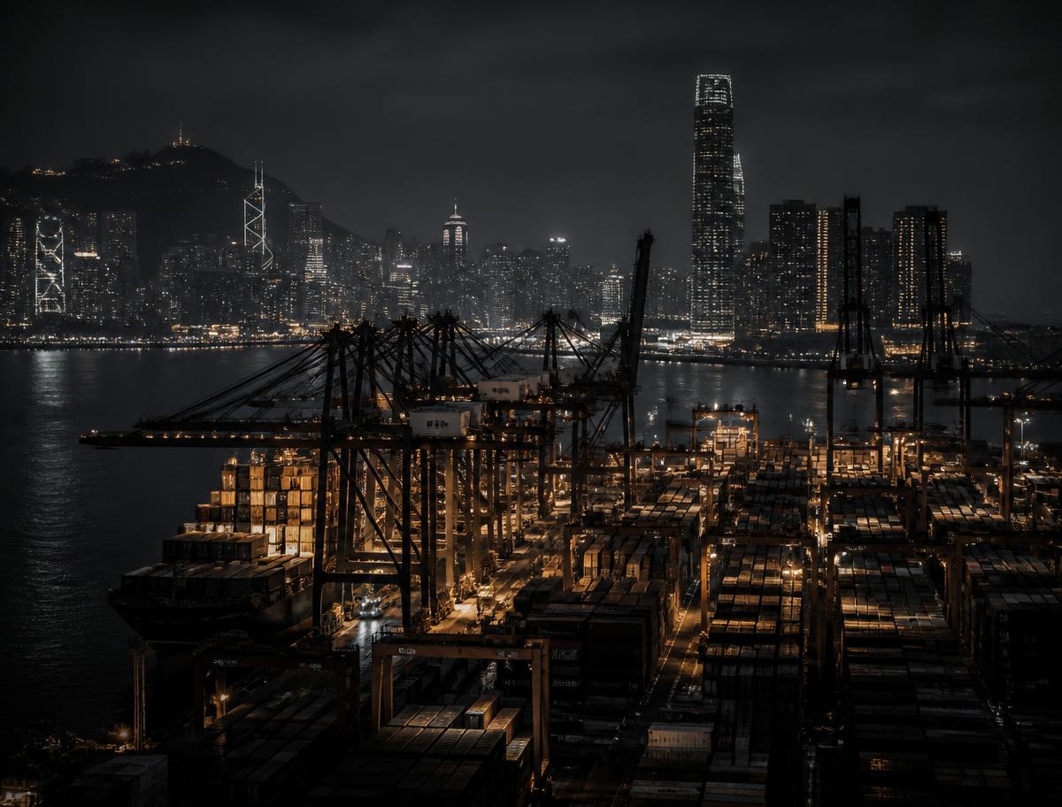 Hong Kong container terminal at night with gantry cranes and city skyline